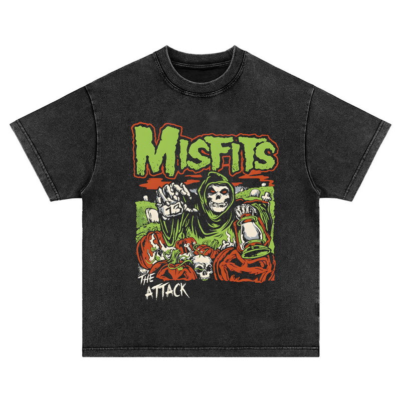 misfits硬核朋克美式复古水洗做旧重磅纯棉宽松圆领长短袖T恤男女