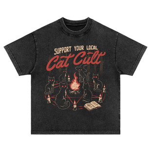 T恤卫衣上衣 重磅直喷印花vintage休闲水洗做旧长短袖 猫猫 聚会