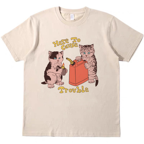 麻烦制造猫 趣味复古T恤美式男女情侣卡其色纯棉宽松bf短袖tshirt