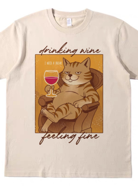 喝红酒的猫猫 直喷印花T恤复古vintagetee男女宽松休闲短袖tshirt
