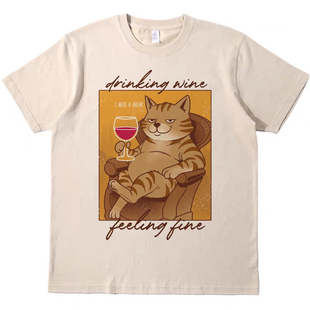 喝红酒的猫猫 直喷印花T恤复古vintagetee男女宽松休闲短袖tshirt