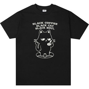 黑咖啡黑猫黑灵魂 vintage美式复古T恤男女宽松纯棉短袖teeshirt