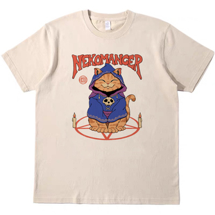 小法师猫 趣味动物印花T恤复古vintage男女宽松休闲短袖teeshirt