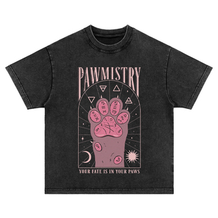 T恤上衣 重磅直喷印花vintage休闲水洗做旧长短袖 猫猫 命运之爪