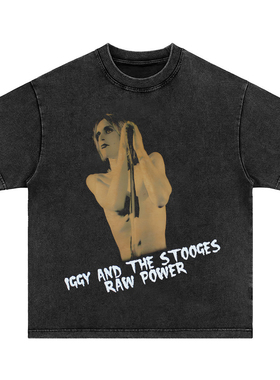 the stooges Iggy Pop美式vintage水洗做旧重磅纯棉宽松长短袖T恤