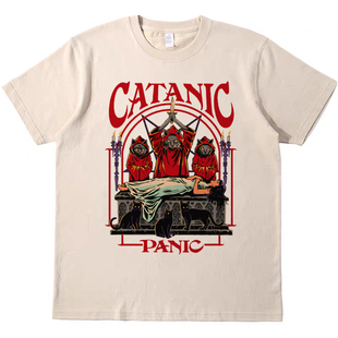 暗黑超自然猫巫师 趣味美式复古vintage短袖男女情侣T恤纯棉tee