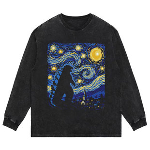 哥斯拉梵高星空趣味美式vintage水洗做旧重磅纯棉宽松圆领卫衣T恤