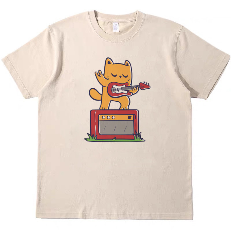 电吉他摇滚猫 趣味T恤美式休闲米色显白男女情侣纯棉宽松短袖tee