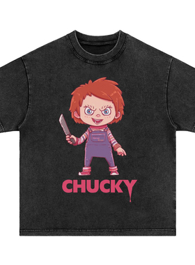 chucky恰吉 趣味美式复古水洗做旧纯棉宽松圆领长短袖t恤男女卫衣