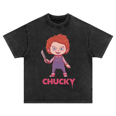 chucky恰吉 趣味美式复古水洗做旧纯棉宽松圆领长短袖t恤男女卫衣