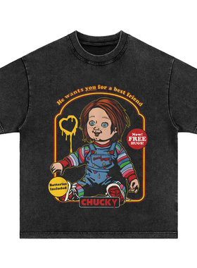 chucky bingo趣味插画 水洗做旧重磅纯棉宽松圆领长短袖T恤卫衣