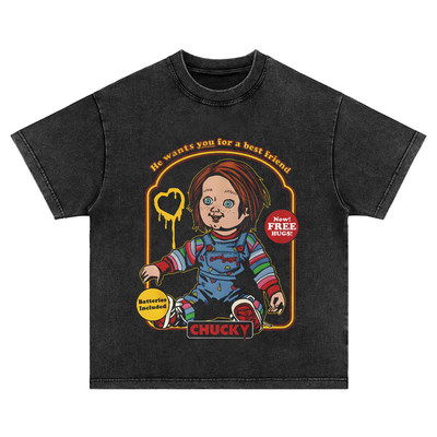 chucky bingo趣味插画 水洗做旧重磅纯棉宽松圆领长短袖T恤卫衣