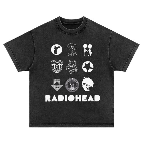 Radiohead电台司令重磅直喷印花纯棉水洗做旧宽松男女短袖t恤卫衣
