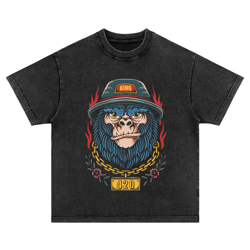 说唱猴子rapper街头美式水洗做旧重磅纯棉宽松圆领长短袖T恤卫衣