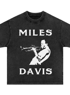 miles davis爵士乐 直喷印花美式水洗做旧复古纯棉重磅长短袖T恤