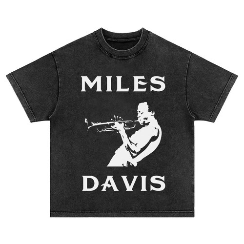 miles davis爵士乐 直喷印花美式水洗做旧复古纯棉重磅长短袖T恤