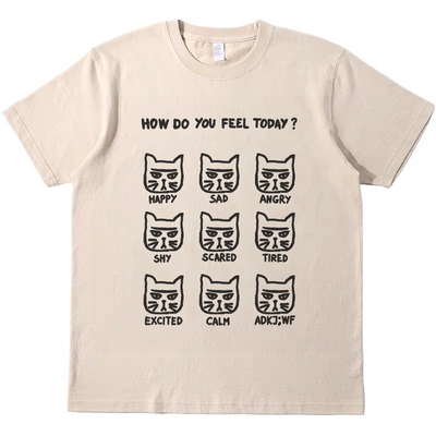 表情猫猫 复古美式男女T恤情侣vintage纯棉宽松bf短袖teeshirt