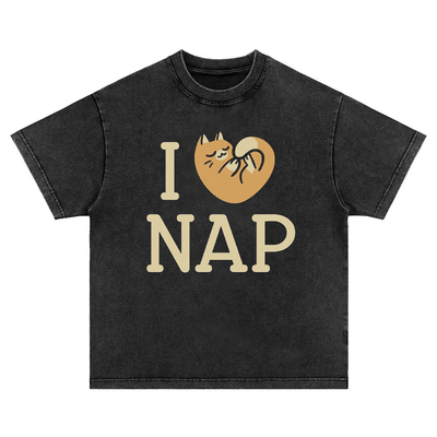 我爱睡觉 趣味重磅直喷印花vintage休闲水洗做旧长短袖T恤上衣