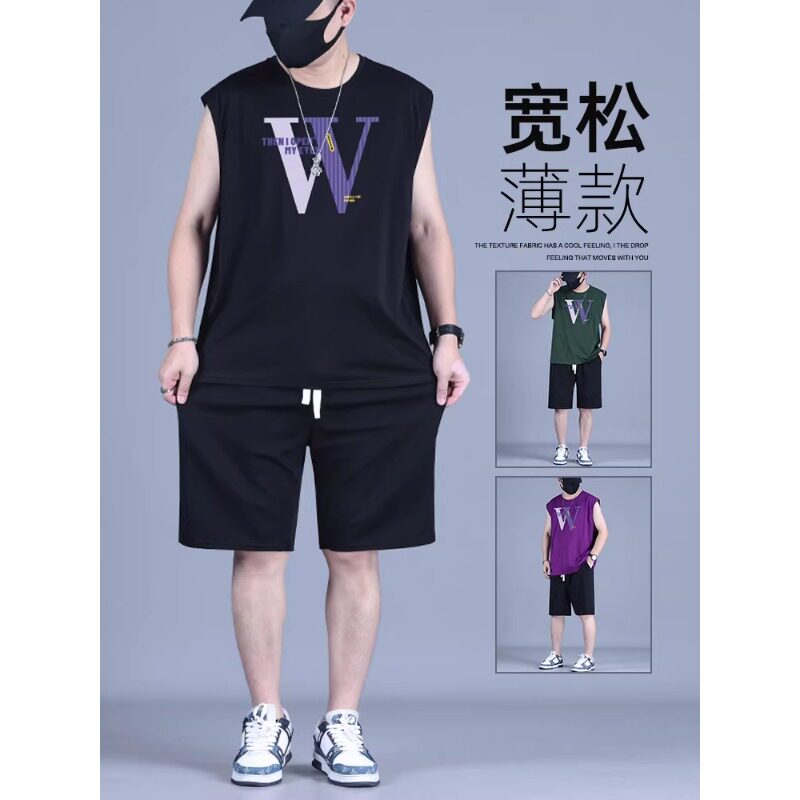 夏季男胖子宽松速干冰丝运动套装