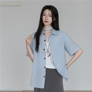 宽松百搭休闲小个子衬衣 复古港风条纹短袖 衬衫 女上衣夏季 2025新款