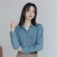浅蓝色复古软牛仔衬衫女内搭2025春季小个子港风衬衣叠穿正肩上衣