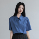 设计感小众气质百搭衬衣 蓝色宽松格子短袖 衬衫 女上衣夏季 2025新款