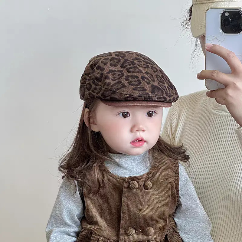 儿童豹纹前进帽子春秋款洋气男女宝宝反戴贝雷帽小孩复古画家帽