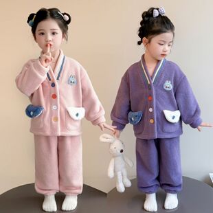 女童睡衣雪粒绒秋冬款加厚中小童女孩儿童珊瑚绒法兰绒家居服套装