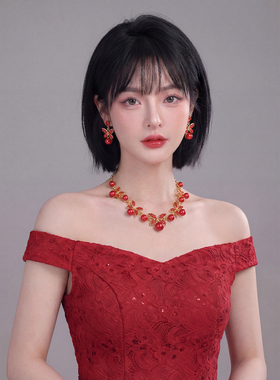韩式新娘红色水钻项链耳环两件套 简约结婚纱礼服百搭配饰套装