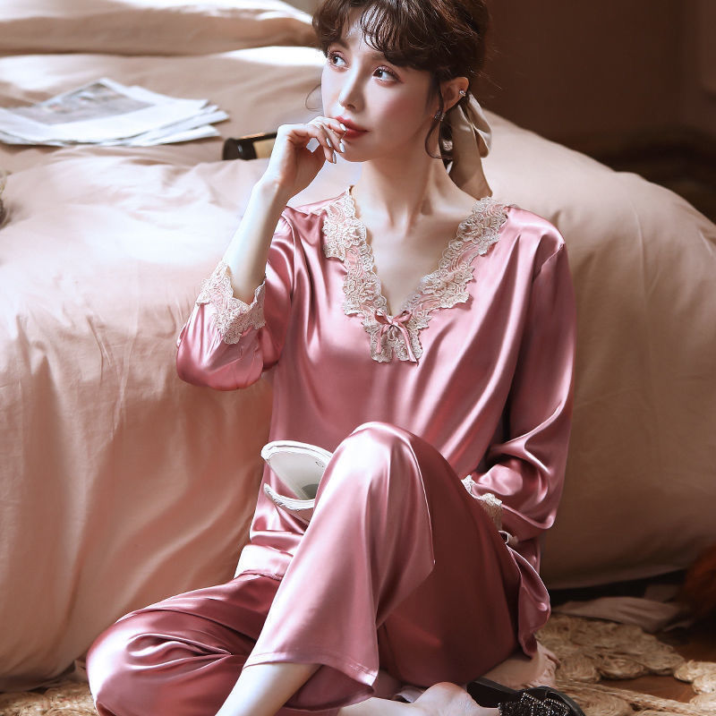 睡衣女春秋季冰丝长袖薄款大码