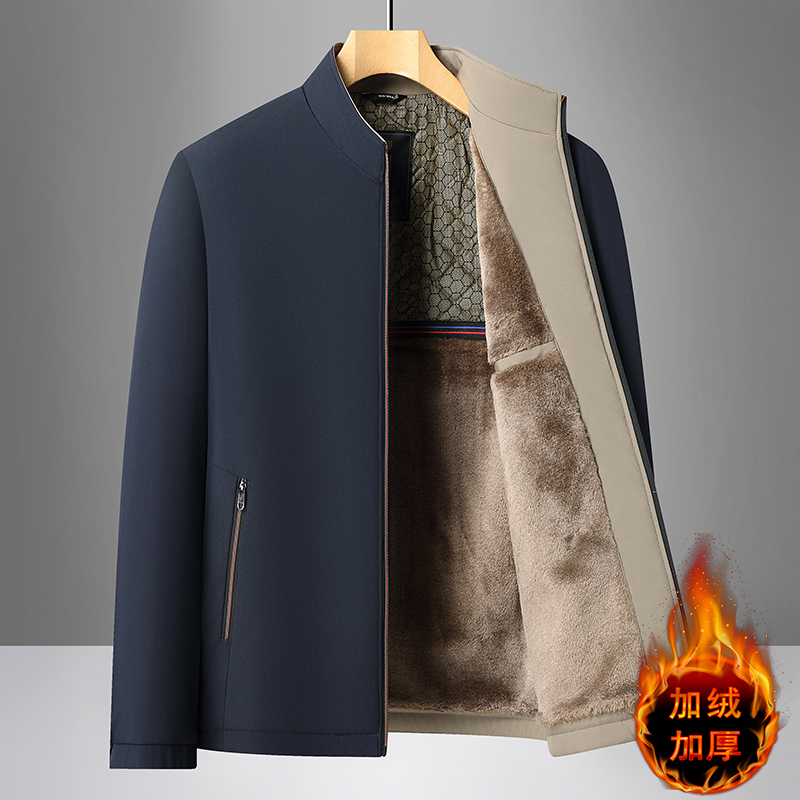 秋冬季男士加绒加厚棉衣爸爸装休闲外套羽绒棉服中老年人立领夹克