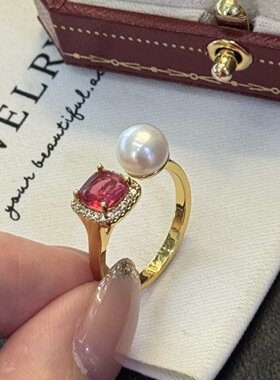 红宝石戒指 气质高雅7-8mm天然高品质淡水珍珠14k注金新品超火
