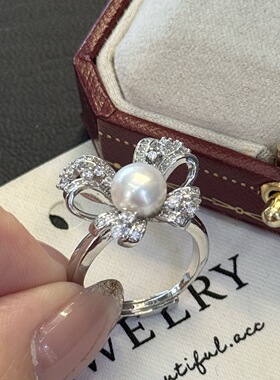 立体蝴蝶戒指 7-8mm天然高品质淡水珍珠14k注金银色系列精致漂亮