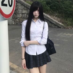 新品小栀川白色收腰长袖衬衫女秋季学院风jk制服修身显瘦刺绣衬衣