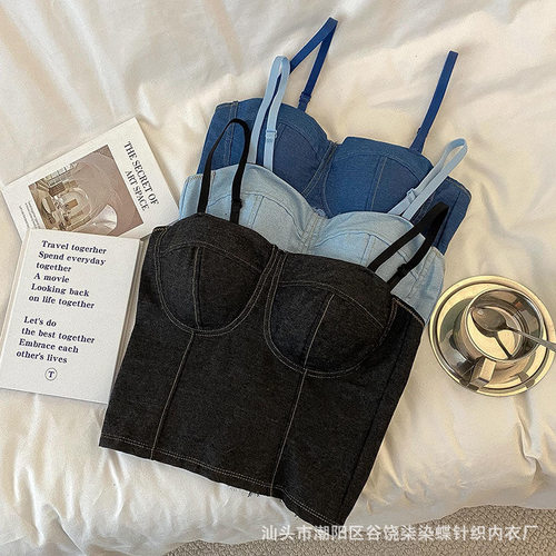 复古做旧牛仔小背心吊带女夏外穿露背黑色上衣蕾丝拼接裹胸打底衫