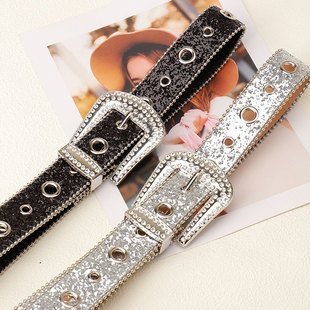 欧美朋克bling亮片皮带女式潮流ins风水钻百搭牛仔裤镂空腰带女