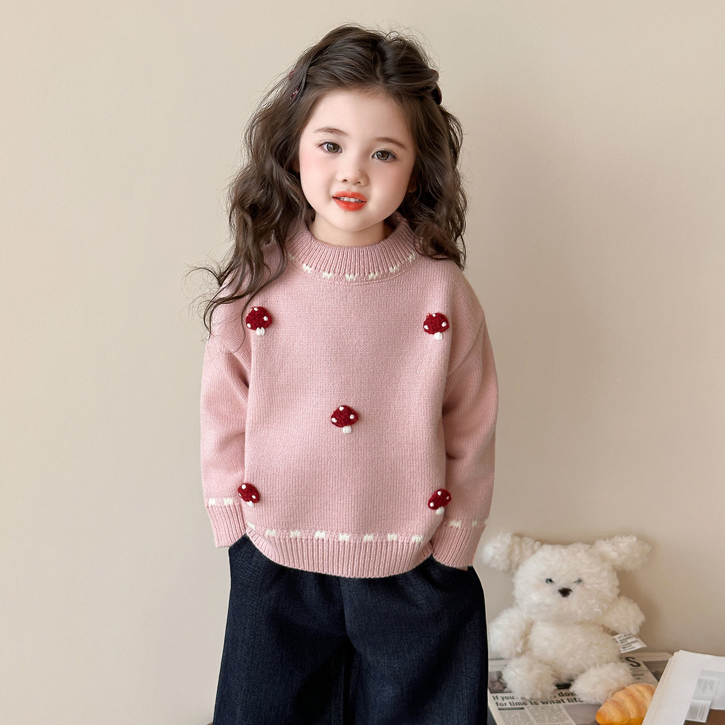 女童毛衣冬2025新款水貂绒加厚加绒儿童针织打底衫女大童红色上衣