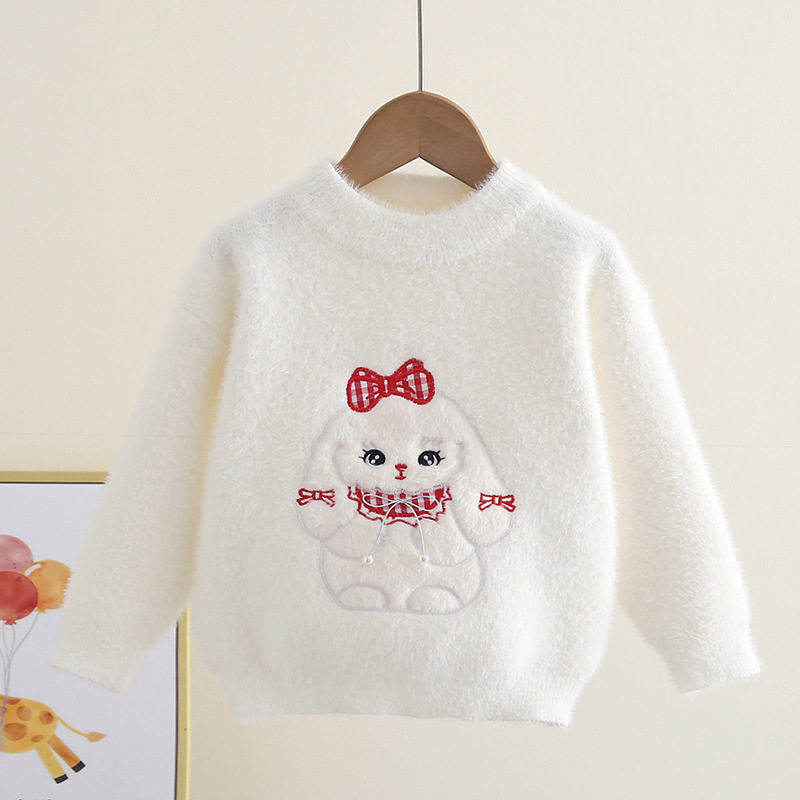 女童毛衣冬季2025新款加厚加绒儿童水貂绒针织衫中大童白色打底衫