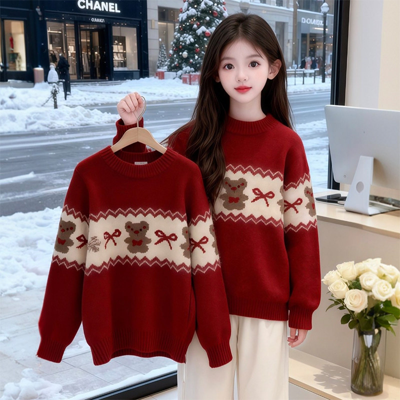 女童红色毛衣2025新款冬季加厚儿童针织衫洋气女大童本命年拜年服