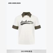 设计师ANN T恤女 短袖 ANDELMAN休闲复古格子衬衫 领拼接POLO衫