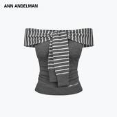 设计师ANN 上衣短 抹胸无袖 ANDELMAN早秋新款 条纹绑带一字肩针织衫