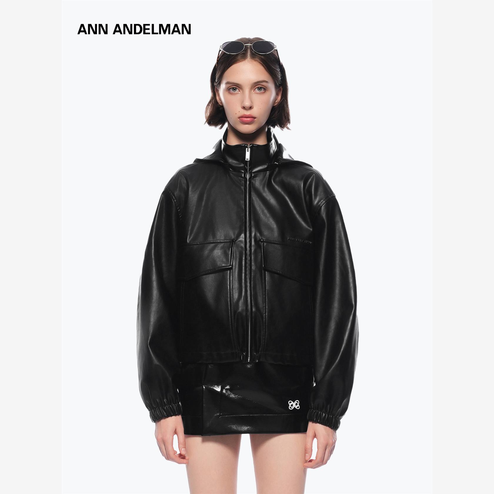 设计师ANN ANDELMAN连帽皮衣外套秋冬宽松拉炼工装黑色机车夹克