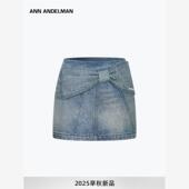 新款 设计师ANN ANDELMAN牛仔半身裙女2025秋季 闪闪烫钻蝴蝶结短裙