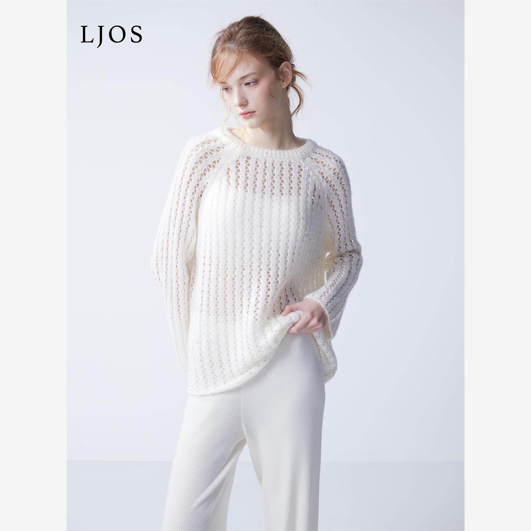 LJOS镂空钩织绑带亮片羊绒毛衣