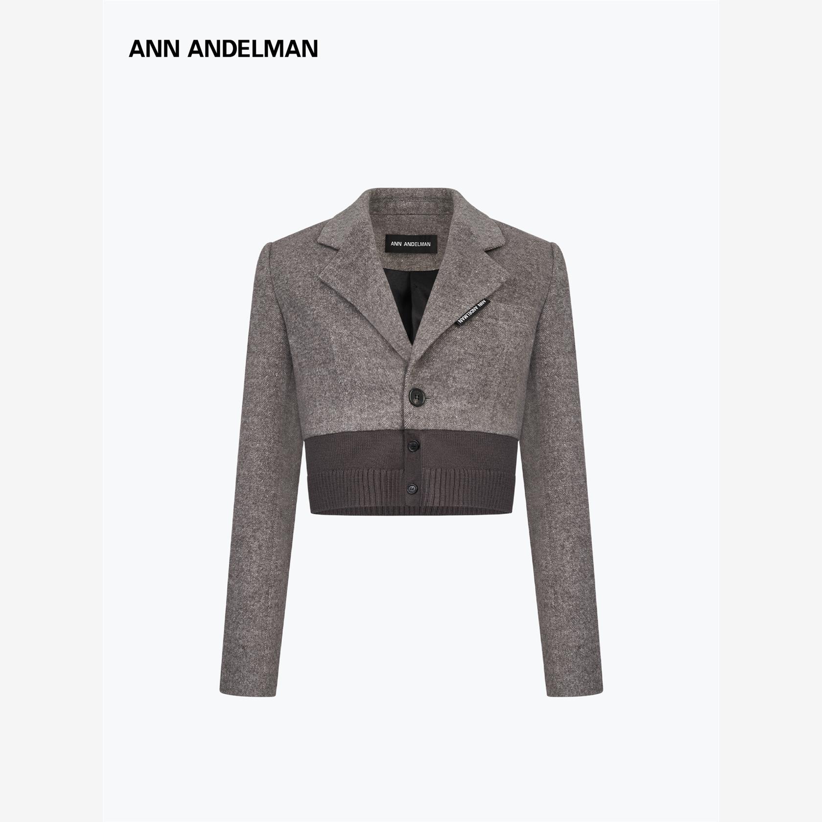 设计师ANN ANDELMAN毛织拼接毛呢短西装修身西服外套女秋冬