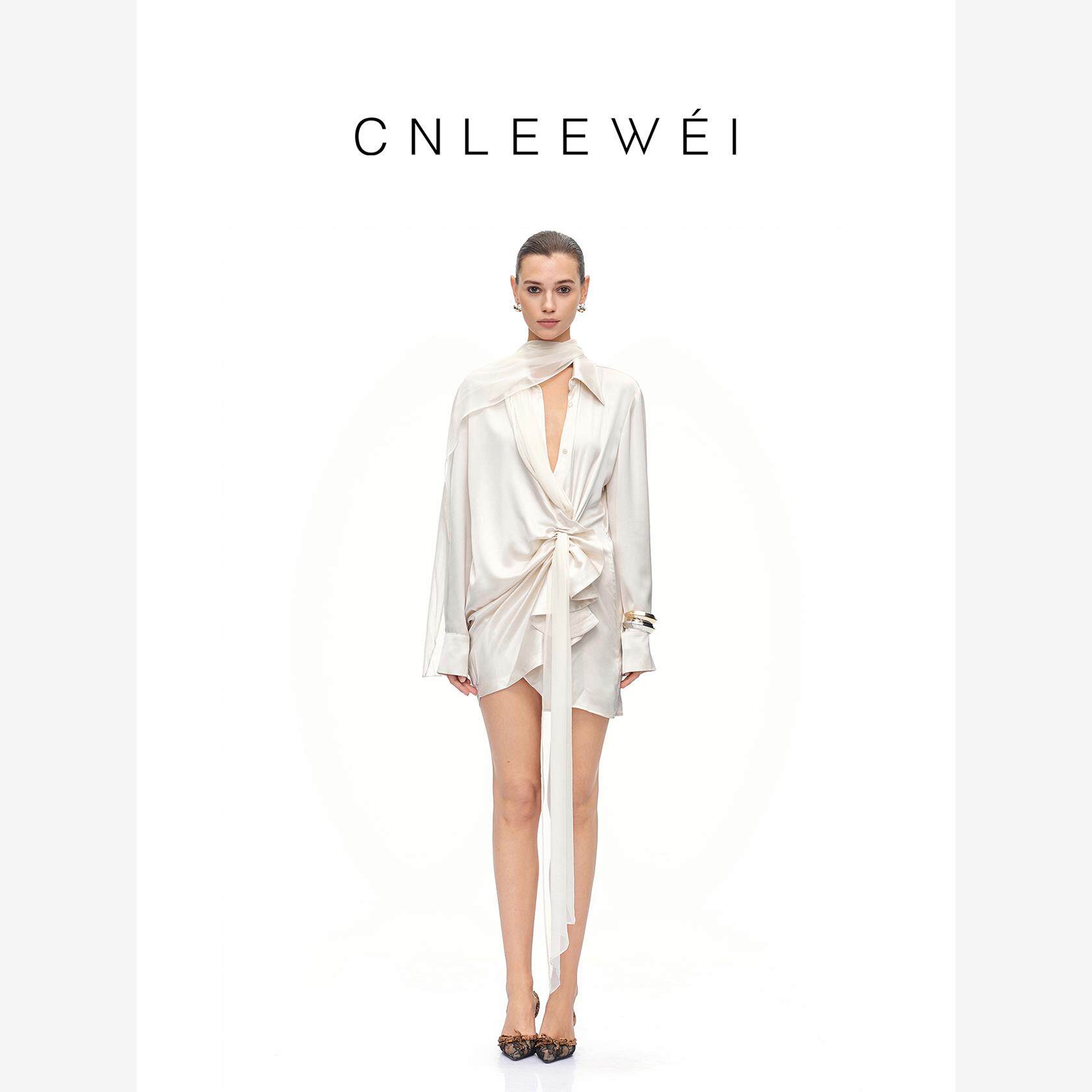 【谭维维同款】CNLEEWEI25秋季新款缎面醋酸扭结飘带衬衫连衣裙女