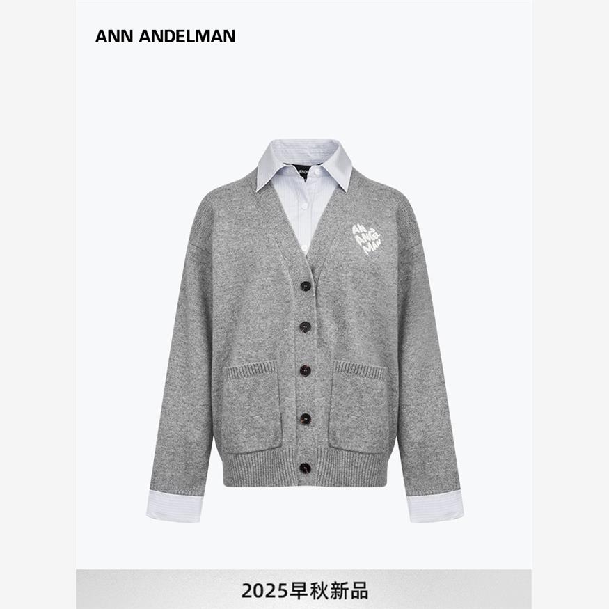 设计师ANN ANDELMAN秋装女款衬衫拼接针织衫慵懒假两件毛织上衣