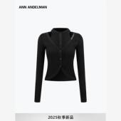 ANDELMAN 假两件针织衫 上衣2025早秋黑色薄款 设计师ANN 开衫 外套