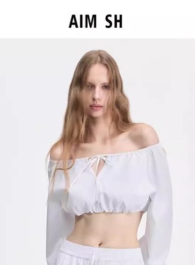 【新品】AIM SH女士 白色系带露腰一字肩上衣抹胸外穿