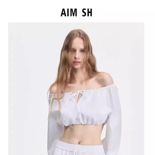 SH女士 AIM 白色系带露腰一字肩上衣抹胸外穿 新品